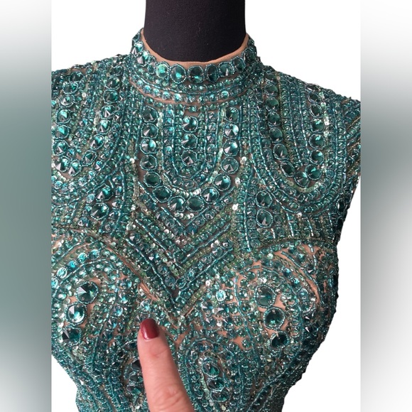 Sherri Hill Teal Beaded & Chiffon Open Back Short Prom Dress, Size 8, Dance - Picture 7 of 12